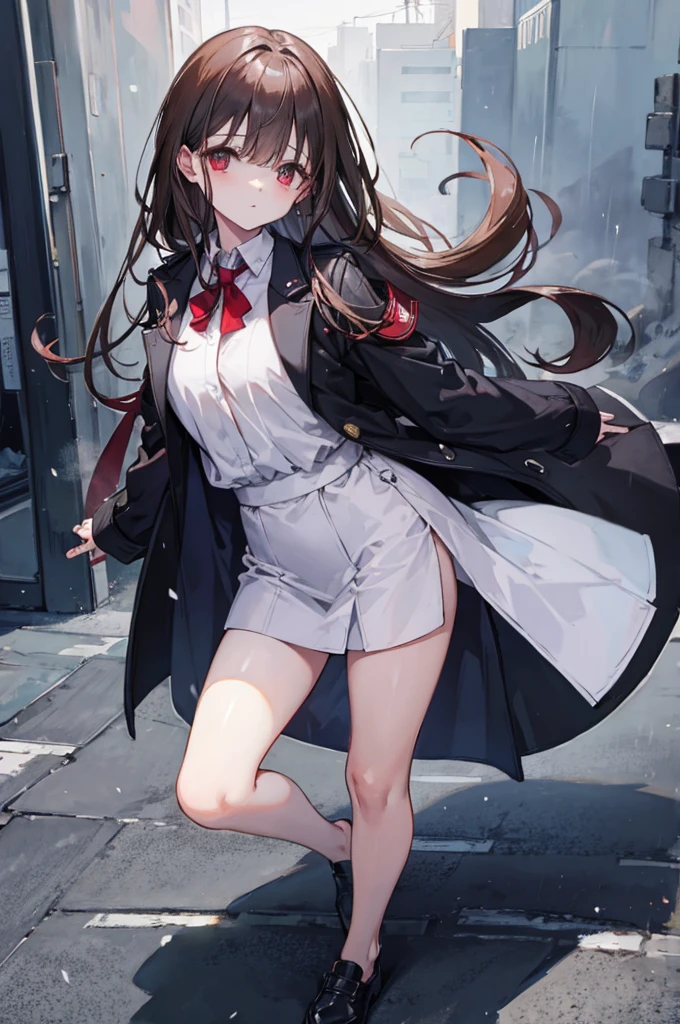 masterpiece，The best quality at its best、Lightless Eyes、Lightweight coat、Leather shoes、Brown Hair、rain、Red eyes、Eyes are thin、Wet Hair、Long back hair、Eyes like dead、The bangs are long enough to cover the eyes