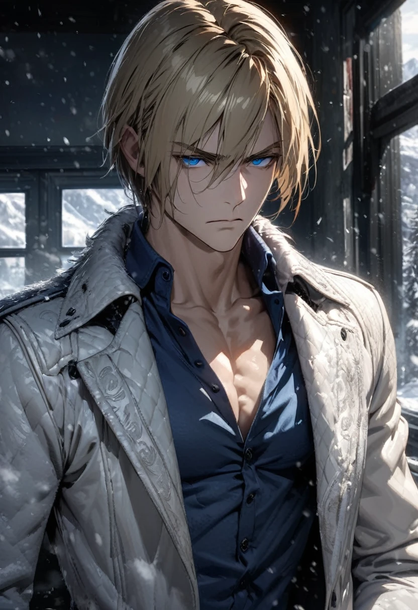 absurdities, High resolution, ultra detailed, HdR, masterpiece, Extremely detailed face and eyes, Leon Kennedy, medium blonde hair, disheveled, bushy eyebrows, serious, expressive blue eyes, resident evil 6, 1 man, elegant, white fur coat, blue winter sweater, toned chest, snowy background. Complete plan