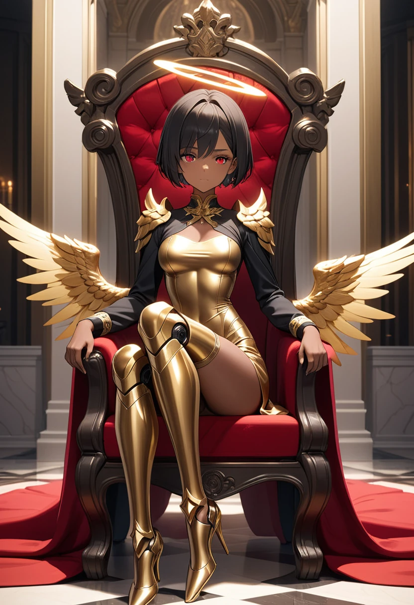 1girl, tanned skin, golden halo, black hair, very short hair, winged, bronze dress, red details, long sleeves, red eyes, palace ambience, golden aura, sitting, throne, prosthetic legs