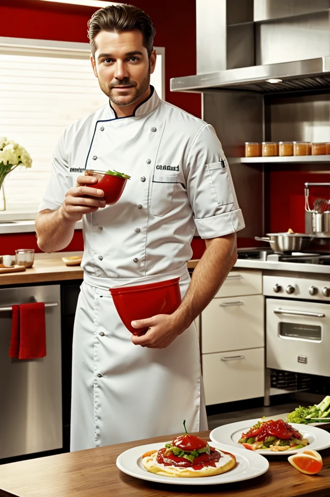 ketchup advertisement It's in the kitchen and there's a man in a chef's uniform in the background.