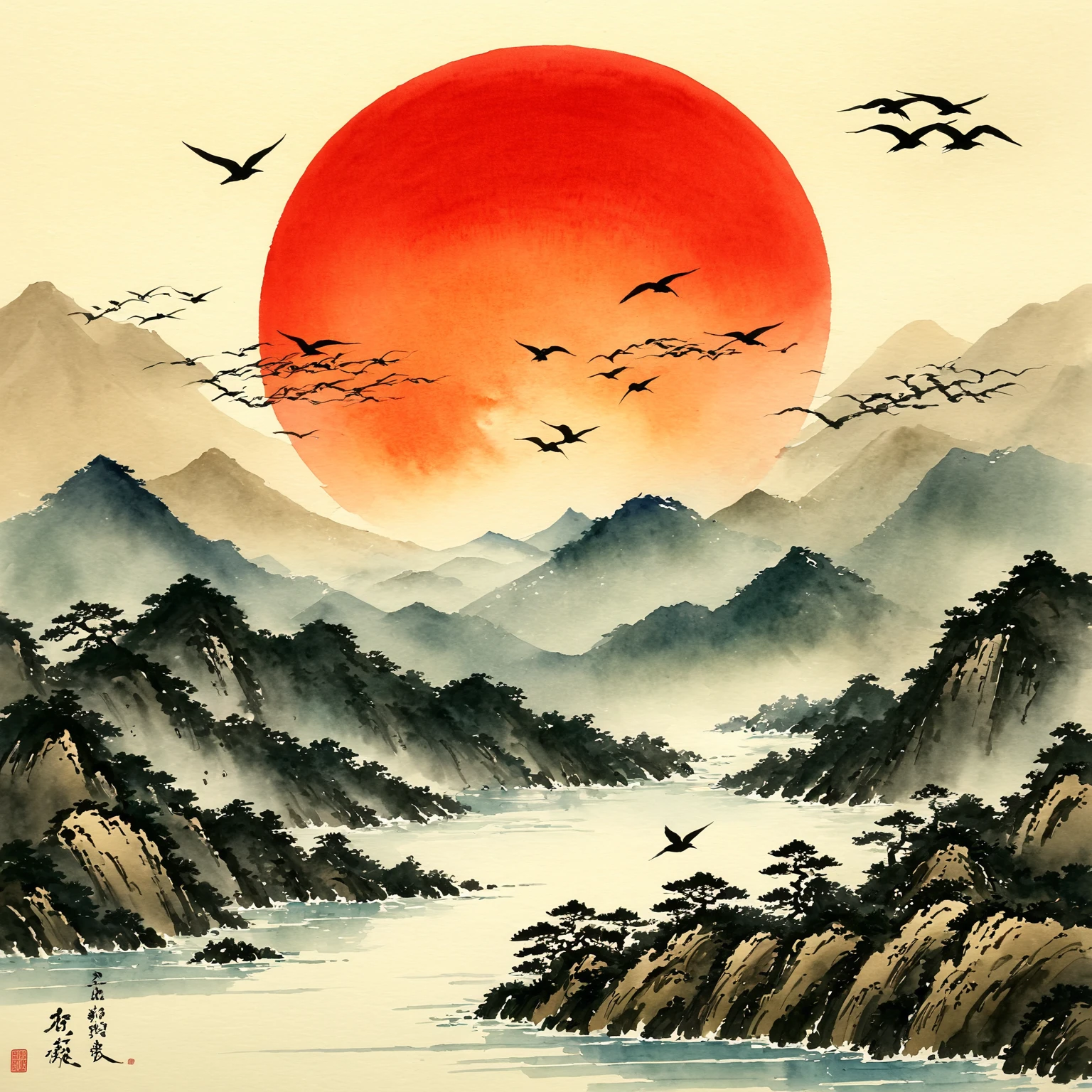 A painting of a red sun and flying birds over the mountains, Japan水彩画, Japan风景, Japan水彩画, Japanese style painting, Chinese watercolor style, Ryohei Koiso (Ryōhei Koiso) of inspiration, Ink Painting art, Ink Painting style, Ink Painting lighting style, Ink Painting, Ink Painting, Japan, Traditional Chinese ink painting, 传统Japan画