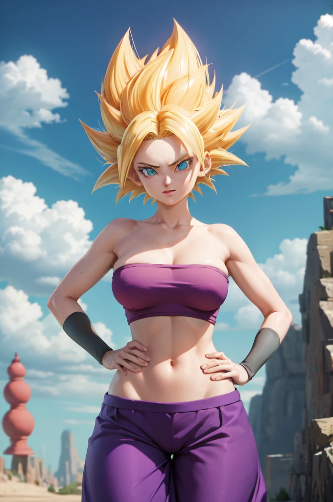 work of art, best qualityer, ssjcaulifla, hair blonde, water eyes, Top of the tube, Purple pants, clamps, cowboy shot, looking ahead at viewer, ssmile, furled brow, hands on hips, sky, clouds, breasts big, big-ass