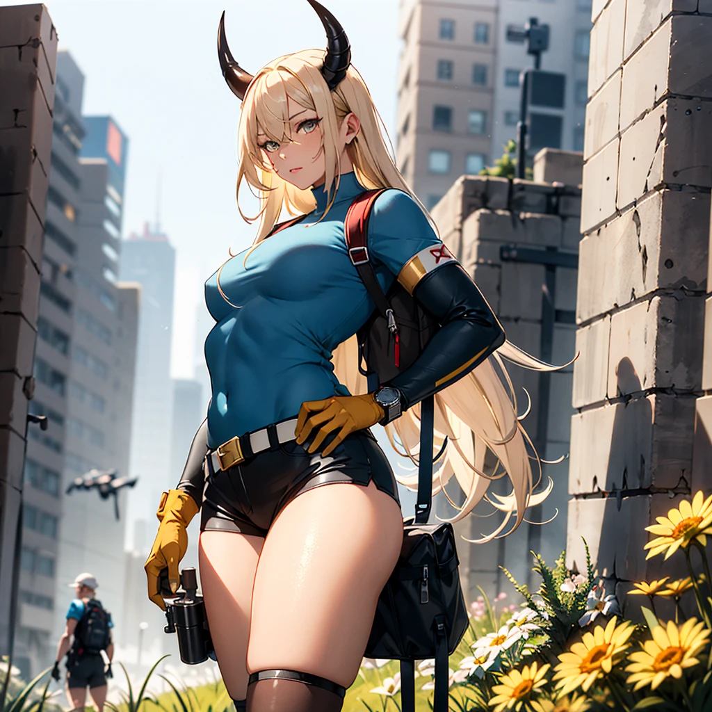 ((best quality)), ((masterpiece)), (detailed), 1girl, 8k_wallpaper, extremely detailed eyes, extremely detailed body, beautiful face, perfect face, detailed ((blonde hair)), (gold eyes), (( big blue horns)), {{dark skin}}, ({dark skinned female}), gigantic breasts, thick thighs, strong arm and leg muscles, strong abdominal muscles, Korean girl, dressed in a blue polto with rolled up sleeves, in heavy steel armor of silver color, on a wide red leather belt with gold yarn, hanging a military radio, leather tight shorts, leather gloves with radars and watches, a holster with a pistol hanging on her hip, a large hiking backpack, standing next to a red sci-fi SUV against the backdrop of flowers growing in the grass and a destroyed city,