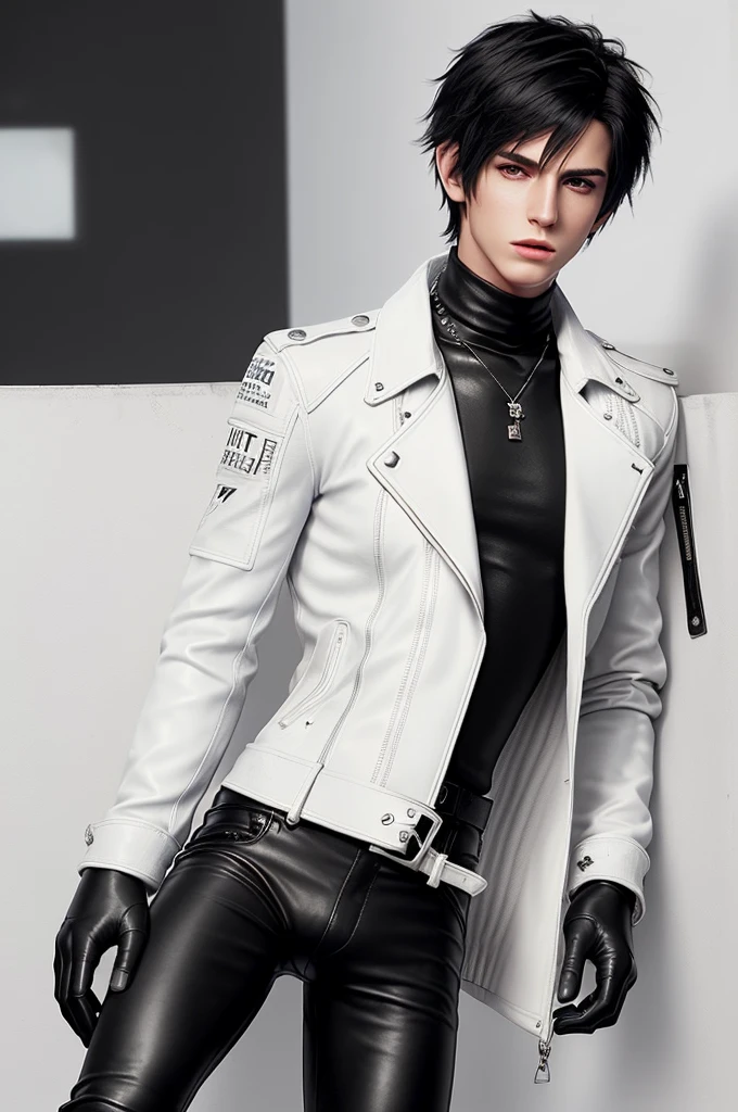 Final fantasy taste and reality graphics, Japanese young cute and cool ikemen  boy, his age is early 20s, thin eyebrows and beady eyes,  ((he wearing off white color leather  thick material jacket)), ((jacket is singlebrest)), biker style jacket, with epaulet, jacket is long sleeve, ((must close the front of the leather jacket)), , ((voluminous leather jacket)), ,((must jacket is high length and stand-up collar)) ((jacket collar with two belts)), ((jacket is a little black color line pattern)),((close the front of the jacket)), ((also wearing black thick material turtleneck lackluster shirts)),  ((tight black leather pants)),  (( black leather tight and thin gloves)), ((black leather knee-high raceup boots)),((must views  head-to-toe)),((must views whole body)), ,((Do not show skin from the neck down)),leather jacket leather glove and leather pants have few wrinkles,boy in the prison room, Avoid showing your innerwear,zip up jacket fastner.
Boy touching owns private parts with right hand.
Bous face is expression of ecstasy.
Boy is black hair.boy looks like fashion model.