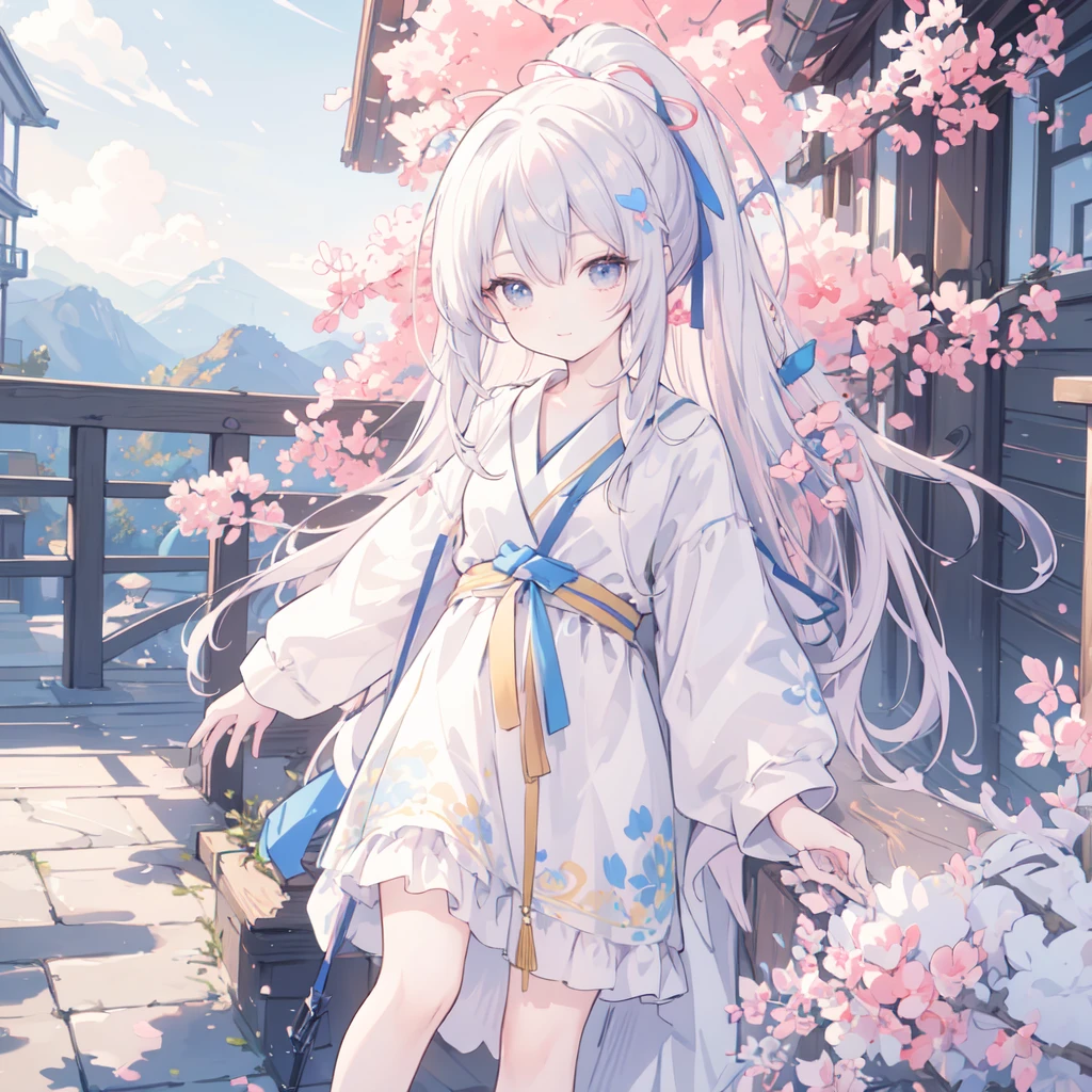 (best quality), masterpiece, Extremely detailed CG8K painting, high color, Extremely high color saturation, All colors are deepened, central composition, Extremely detailed light and shadow, The face and eyes are very detailed, medium length hair, sportswear, colorful clouds，beautiful nature，landscape，High ponytail，Onmyoji，God formula