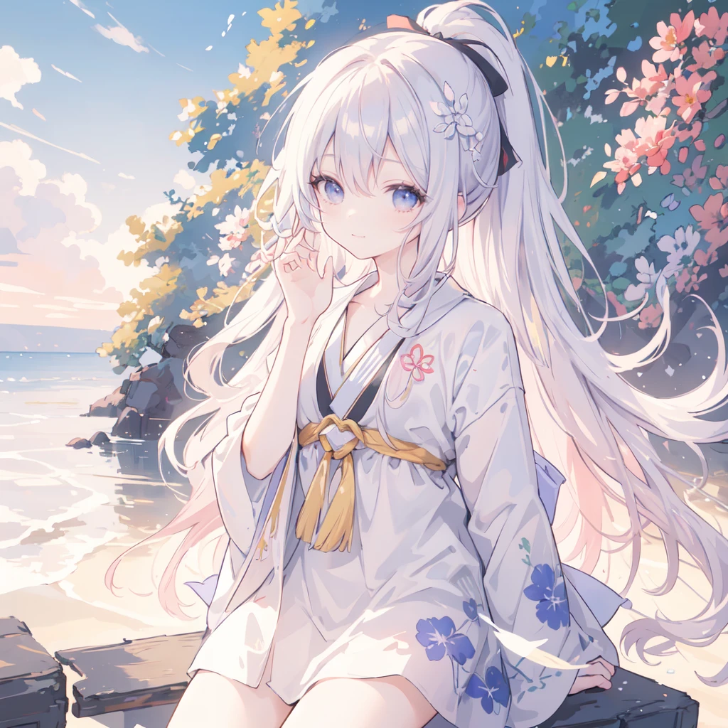 (best quality), masterpiece, Extremely detailed CG8K painting, high color, Extremely high color saturation, All colors are deepened, central composition, Extremely detailed light and shadow, The face and eyes are very detailed, medium length hair, sportswear, colorful clouds,beautiful nature,landscape,High ponytail,Onmyoji,God formula