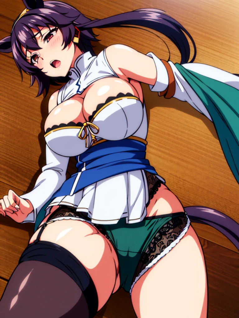 1 solo milf,in fire_emblem:_genealogy_of_the_holy_war style,(umamusume),horse ears,(horse tails from top of hip:1.4),
in heat,orgasm,afterglow,large breast,
crotch focus,from below,
(wide spread legs:1.2),M legs,panties under pantyhose,sexy lace-trimmed lingerie,
humid,wedgie,
clothed,Cleavage under boob,miko dress,beautiful cloths with sexy lace,hot shorts,micro mini skirt,garter belt,fantasy Beautifully embroidered clothes,fishnet,