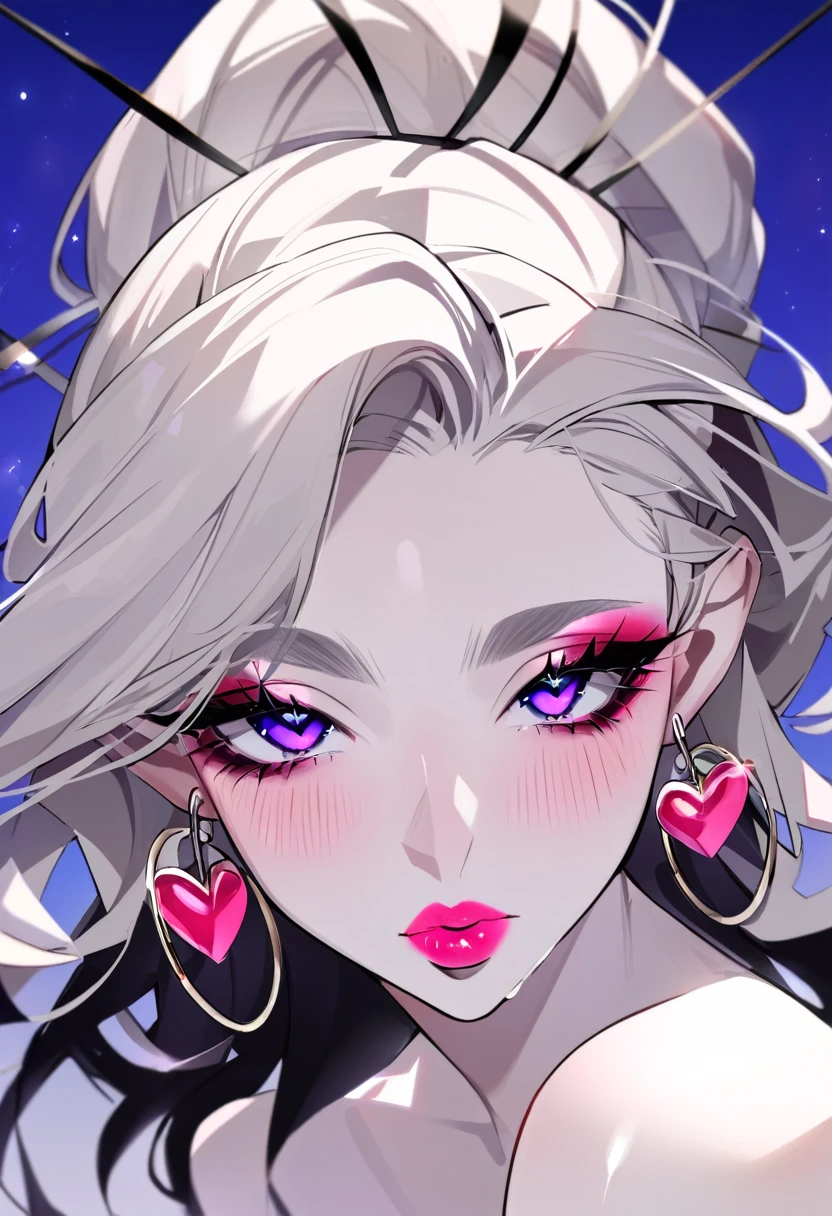 Hot beautiful woman with most beautiful face in world, perfect eyes,big eyelashes,heart shape lips,pink lipstick,sharp jawline,black shiny hair, perfect nose, perfect face,white skin,blush, wearing big hoops earrings, makeup,hunter eyes
