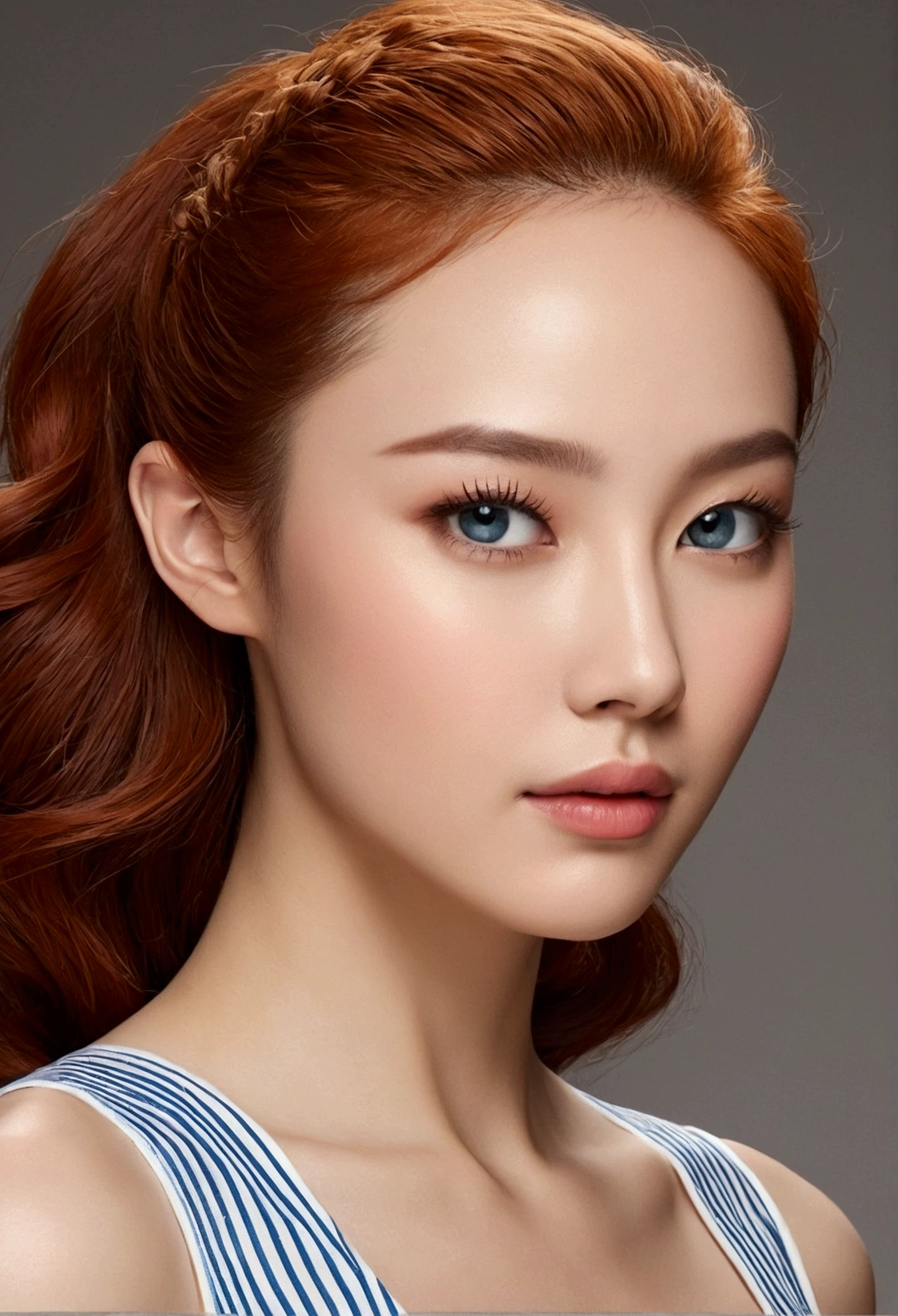 body type: average, with a balanced and well-proportioned figure. Height: of medium height, with a slender and toned body. shoulders: Moderate width, providing a good proportion to the waist. 가슴: proportional to the body, with a natural and harmonious shape. waist: Slightly defined, with a subtle curve that accentuates the feminine form. hips: Proportional to the waist, with a gentle curve. arms: Delicate and toned, with a natural and defined shape. tummy: Plana and signatures, no excess fat. flegs: Long and toned, with a natural and balanced shape. Hands and feet: Proportional to the body, with medium-sized hands and feet. Head Shape: Oval with harmonious proportions. body hair: Red-Haired, long and wavy, falling on shoulders. It can have a natural shine and is usually kept down or tied into a casual bun.. brow: Moderately long, with a slight rounded contour. eyebrows: Arched and well defined, slightly reddish, aligned with the shape of the eyes. eyeballs: averages e amendoados, with bright blue iris. Long, natural lashes accentuate the eyes.Eyelids: Slightly fallen, with a uniform color that complements the eyes. nase: Slightly upturned, with a well-defined tip and a smooth bridge. cheekbones: Prominent and well marked, adding a stylish contour to the face.lips: Full and balanced, with an upper lip slightly thinner than the lower one. The lip color is natural and smooth. jawline: Soft and slightly pointed, providing a harmonious finish to the face. ears: Moderately visible, with a natural shape and size proportional to the face. Neck: Delicate and well proportioned, with a smooth line that connects the head to the body.