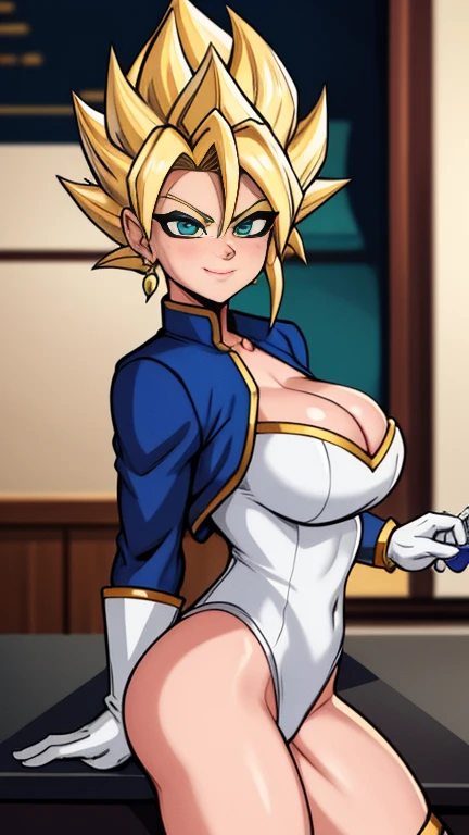 CRU photo, (highly detailed skin, detailedeyes:1.1), details Intricate, best qualityer, 8k hd, soft lighting, vegeta, breastsout, (female:1.2), 1 girl, aretes, jewerly, whitegloves, spiky hair, dougi, ssmile, hair blonde, two fringes;, greeneyes, super saiyan, 比基尼, jaket, barista, not bar, sexly
