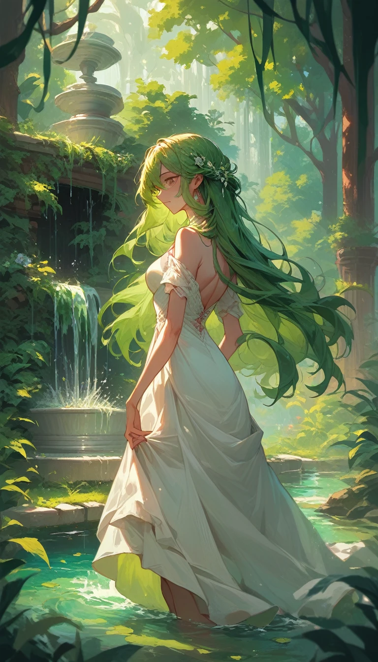 The goddess of the spring, emerald green hair, long hair that reaches down to her waist, Scene of rising from the fountain, Floating on the big fountain, Sunlight filtering through the trees in the forest, white dress