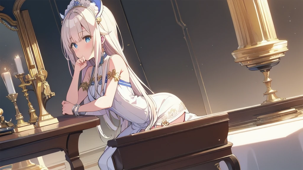 masterpiece,(high quality depth map:1.1), Best Quality, ultra detailed,unity wallpaper 8k,crunchy,(change:1.2),(pretty eyes), ((kawaii)), Beautiful, (beautiful),,,phonograph,, (ultra detailed), (The best illustrations), (best shadows),perfect lighting,vivd color,
,high priestess,inglete,beautiful white dress,Goddess,royal room,chair,white thigh high boots ,sexually suggestive,beautiful panties,arms in armrest,revealing outfit,open legs,