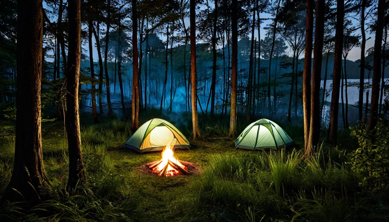dark, spooky forest at night with two lone camping tents pitched in a clearing of tall grass between the trees. There is a bonfire burning, casting flickering shadows, creating a tense and ominous atmosphere.