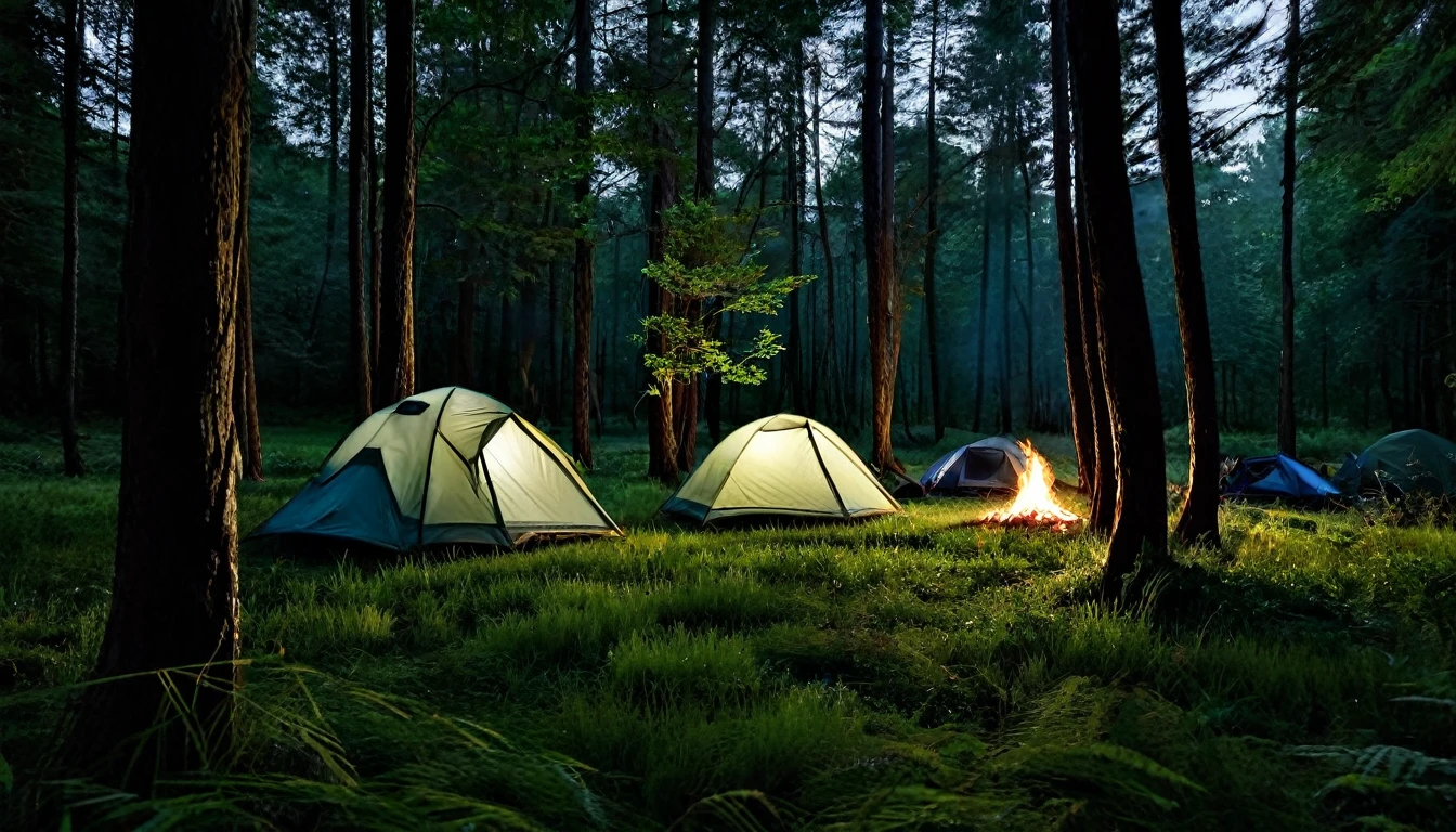 dark, spooky forest at night with two lone camping tents pitched in a clearing of tall grass between the trees. There is a bonfire burning, casting flickering shadows, creating a tense and ominous atmosphere.