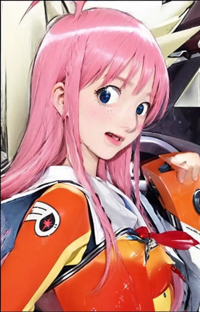 ((Masterpiece)), (best quality), (very detailed), ((very detailed)), 4k, (8k), a close up of a person with a pink hair and a red shirt, a digital rendering inspired by Hiromu Arakawa, featured on pixiv, neogeo, gainax anime style, macross franchise, gainax, zero two, kinmoza!, :14 flcl + akira, macross, studio gainax, misato katsuragi