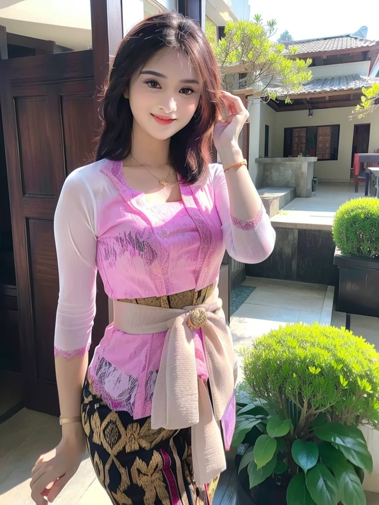 (Best quality, high resolution, Masterpiece: 1.3), a beautiful woman with a slender figure, (dark brown layered hairstyle), wearing a pendant, ((kebaya_bali)) outdoors, scenic beauty, lakes and mountains in distant background, details in face and skin texture beautifully rendered, details eyes, (best quality, high resolution, masterpiece: 1.3), a beautiful woman with a slim figure, (dark brown layered hairstyle),((kebaya_bali)), outdoors, background random, details in face and skin texture beautifully rendered, detail eyes, double eyelids, seductive laugh, feminine laugh, seductive pose