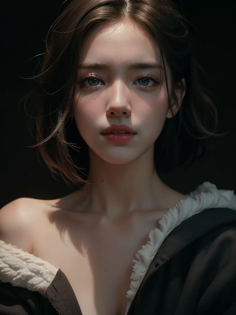 ((You may be one person to the world but you may also be the world to one person, paradox, Adrian Ghenie, jenny saville, edward hopper, dark art by James Jean, Takato Yamamoto)),(RAW photo, best quality), ((Nostalgia,1980s style)),(A girl with a literary atmosphere:1.2),(realistic, photo-realistic:1.3), extremely delicate and beautiful, Amazing, finely detail, masterpiece, ultra-detailed, highres,best illustration, best shadow,intricate,depth of field,1girl,(long legs:1.4),long hair,messy hair,((((low key,dark scene,dimly lit)))),fat,(((soft lighting:1.4))),(pale skin:1.4),(shy smile),(cinematic angle),sharp focus, award winning, volumetric fog, 8k UHD, DSLR, high quality,( film grain:1.4), Fujifilm XT3,(looking at viewer),slightly sweaty and shiny