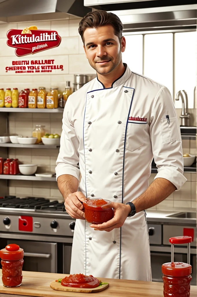 Bottled ketchup advertisement It's in the kitchen and there's a man in a chef's uniform in the background.