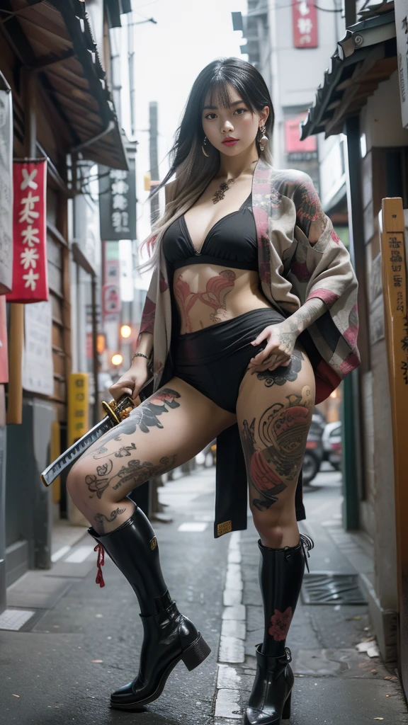 Beautiful Chinese woman, (16 years old), cute face, red lips, white moist skin, moles, under-eye bags,
BREAK,
Feminine body with high athletic ability, Body of a female fitness model, Feminine body with hard tones, (Muscles: 1.2), (Beautiful belly button),
BREAK,
Fighter, Kung Fu fighter, Idol,
BREAK,
(Wearing a cute kimono: 1.3), (Kimono with a high degree of exposure), (Super long boots 1.3), necklace, very large earrings, short length,
BREAK,
Short hair, (Short bob hair), (Bangs: 1.2), (Colorful hair: 1.3), (Wavy hair),
BREAK,
(Very large Japanese sword: 1.4), (Holding the handle of a Japanese sword: 1.3), (Raising a very large Japanese sword: 1.2), (Getting into a fighting stance), (Japanese sword with a beautiful blade: 1.2)
BREAK,
(Japanese tattoo: 1.4),
BREAK,
Masterpiece, Perfect lighting, Ultra high resolution, 8K, (Very detailed: 1.4), (From the front), Looking at the camera, Melancholic expression,
BREAK,
(Tokyo city, lots of people in the background: 1.2), Shibuya city background in Tokyo, Japan,