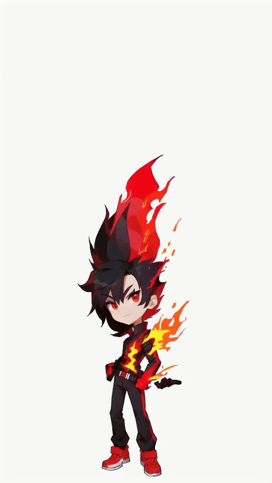 cartoon character of a man with a red and black hair, deep pyro colors, tiny firespitter, lineless, fire!! full body, firey, octan render, the pyro, chibi, fire elemental, (fire), merged character, body with black and red lava, 4 k octan render, human torch, magma