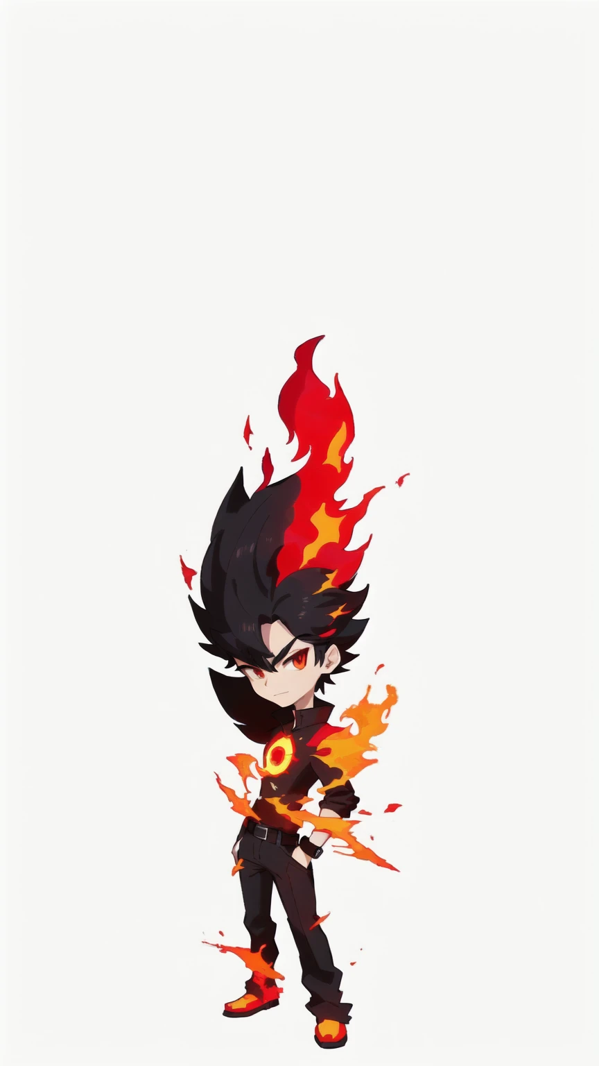 cartoon character of a man with a red and black hair, deep pyro colors, tiny firespitter, lineless, fire!! full body, firey, octan render, the pyro, chibi, fire elemental, (fire), merged character, body with black and red lava, 4 k octan render, human torch, magma