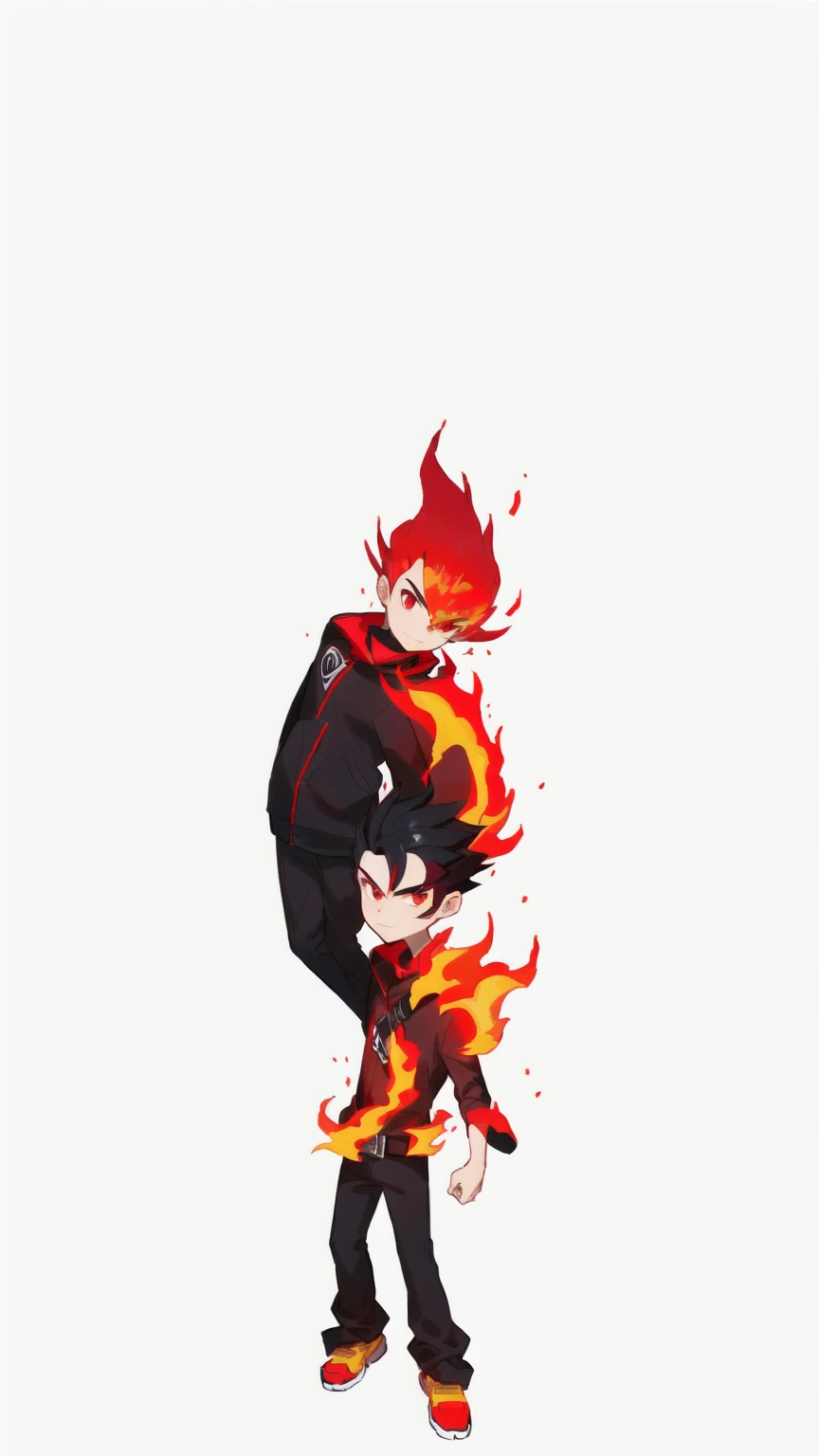 cartoon character of a man with a red and black hair, deep pyro colors, tiny firespitter, lineless, fire!! full body, firey, octan render, the pyro, chibi, fire elemental, (fire), merged character, body with black and red lava, 4 k octan render, human torch, magma