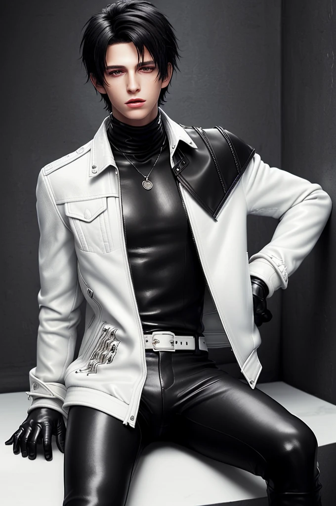 Final fantasy taste and reality graphics, Japanese young cute and cool ikemen  boy, his age is early 20s, thin eyebrows and beady eyes,  ((he wearing off white color leather  thick material jacket)), ((jacket is singlebrest)), biker style jacket, with epaulet, jacket is long sleeve, ((must close the front of the leather jacket)), , ((voluminous leather jacket)), ,((must jacket is high length and stand-up collar)) ((jacket collar with two belts)), ((jacket is a little black color line pattern)),((close the front of the jacket)), ((also wearing black thick material turtleneck lackluster shirts)),  ((tight black leather pants)),  (( black leather tight and thin gloves)), ((black leather knee-high raceup boots)),((must views  head-to-toe)),((must views whole body)), ,((Do not show skin from the neck down)),leather jacket leather glove and leather pants have few wrinkles,boy in the prison room, Avoid showing your innerwear,zip up jacket fastner.
Boy touching owns private parts with right hand.
Bous face is expression of ecstasy.
Boy is black hair.boy looks like fashion model.