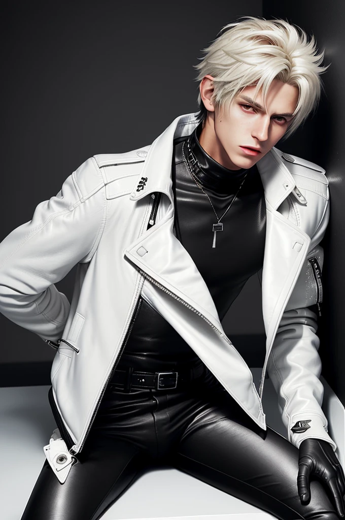 Final fantasy taste and reality graphics, Japanese young cute and cool ikemen boy, his age is early 20s, thin eyebrows and beady eyes, ((he wearing off white color leather thick material jacket)), ((jacket is singlebrest)), biker style jacket, with epaulet, jacket is long sleeve, ((must close the front of the leather jacket)), , ((voluminous leather jacket)), ,((must jacket is high length and stand-up collar)) ((jacket collar with two belts)), ((jacket is a little black color line pattern)),((close the front of the jacket)), ((also wearing black thick material turtleneck lackluster shirts)), ((tight black leather pants)), (( black leather tight and thin gloves)), ((black leather knee-high raceup boots)),((must views head-to-toe)),((must views whole body)), ,((Do not show skin from the neck down)),leather jacket leather glove and leather pants have few wrinkles,boy in the prison room, Avoid showing your innerwear,zip up jacket fastner.
Boy touching owns private parts with right hand.
Bous face is expression of ecstasy.
Boy is black hair.boy looks like fashion model.