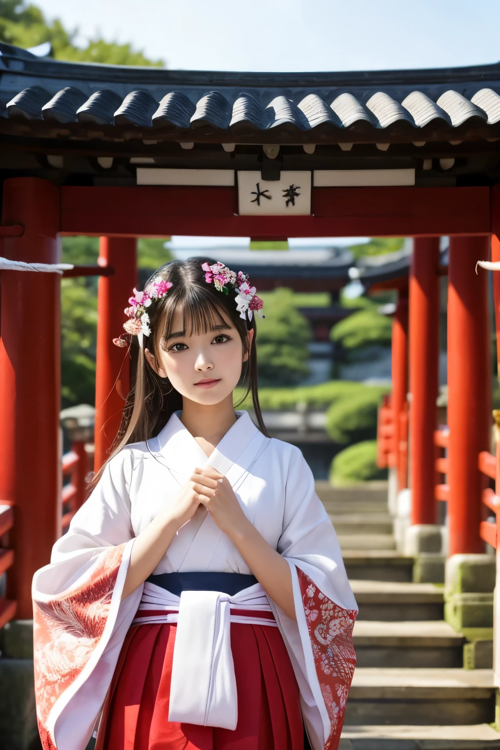 hightquality、​masterpiece、ultra res、a beauty girl、cute girl face、temple、shrine maiden、Wearing priestess clothes、Famous actresses of Japan、very beautiful face