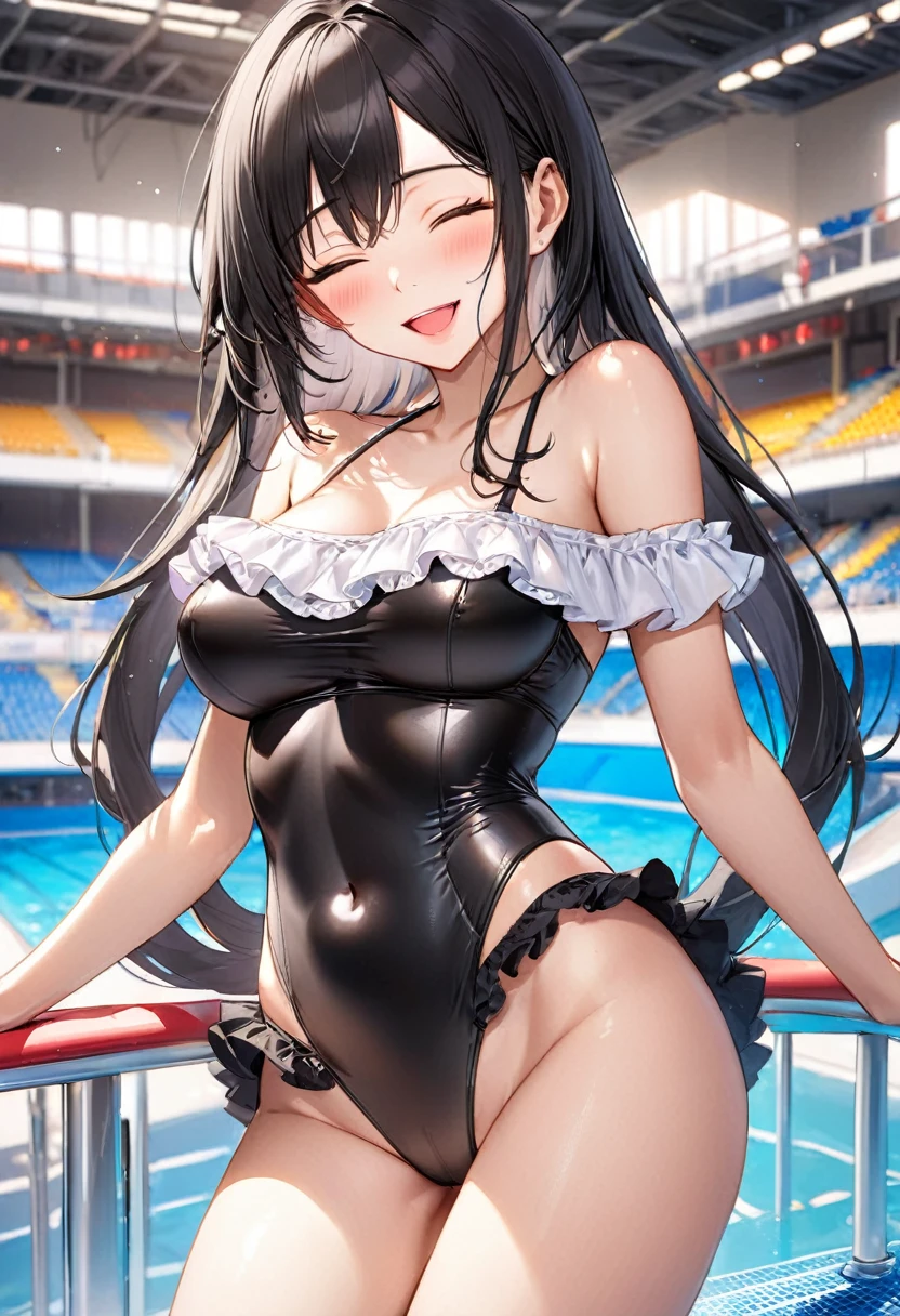 (pov sexy swimsuit, Pose asking for a hug style) (beautiful body), (solo:2, 18 yo, straight black hair very long hair cool sadist girl, sexy closed eyes, glossy lip, love smile, open mouth, big tits), (in a Layered frills cute Off-the-shoulder bikini swimsuit), break, in the contest venue, BREAK, perfect anatomy, masterpiece, best quality, 16k, beautiful detailed water, sexy, daydreaming expression.