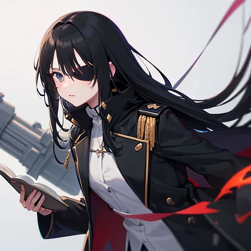 Eye patch on one eye,Cartoon of a woman wearing a black coat and black trousers,, Inspired by Le Chevalier, anime, Moe, Art Style, Cytus and Deemo Style, anime風キャラクター,One Girl,((Right eye normal,Eyepatch on left eye,black eye,Scars on face,Hold a book in one hand,Shoots a powerful pillar of fire magic from one hand.,Long black hair,Aggressive face,Very strong))