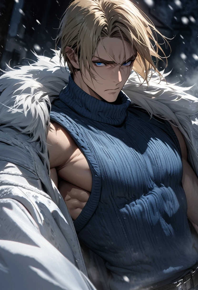 absurdities, High resolution, ultra detailed, HdR, masterpiece, Extremely detailed face and eyes, Leon Kennedy, medium blonde hair, disheveled, bushy eyebrows, serious, expressive blue eyes, detailed eyes, LOOKING AT THE SPECTATOR, resident evil 6, 1 man, elegant, white fur coat, blue winter sweater, toned chest, snowy background. Complete plan