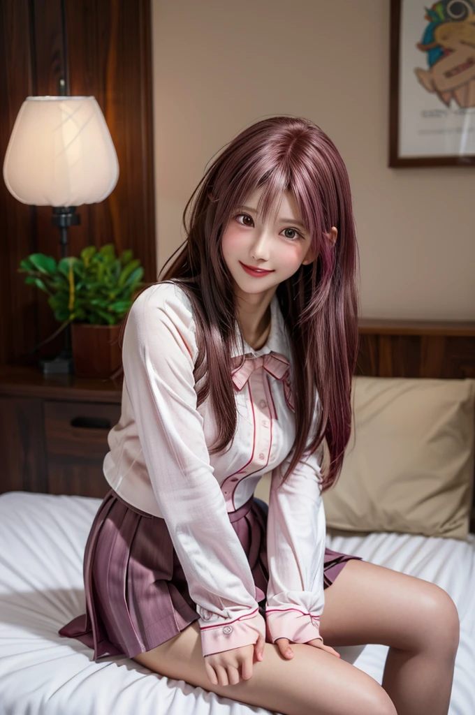 Highest quality,girl,high school girl,uniform,White blouse,Pleated skirt,Knee-high,Brown and pink hair,Pink mesh hair,Brown eyes,cute,Sitting,wavy hair,smile,