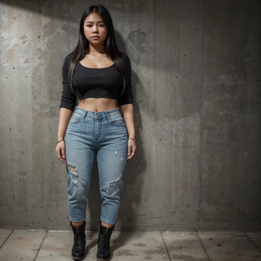 8k Realistc ultra HD resolution, highly detailed ultra realistic photography of filipina chubby girl dress by half croptop shirt, denim pants with torn and highcut black womens boots. In stydio type wall background. Avoid extra body parts and please correct all details of photo 
