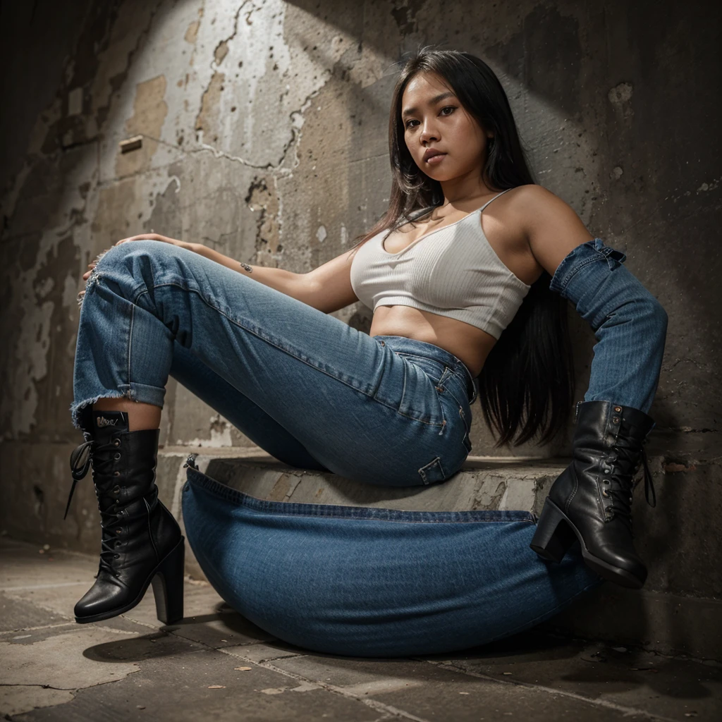 8k Realistc ultra HD resolution, highly detailed ultra realistic photography of filipina chubby girl dress by half croptop shirt, denim pants with torn and highcut black womens boots. In stydio type wall background. Avoid extra body parts and please correct all details of photo
