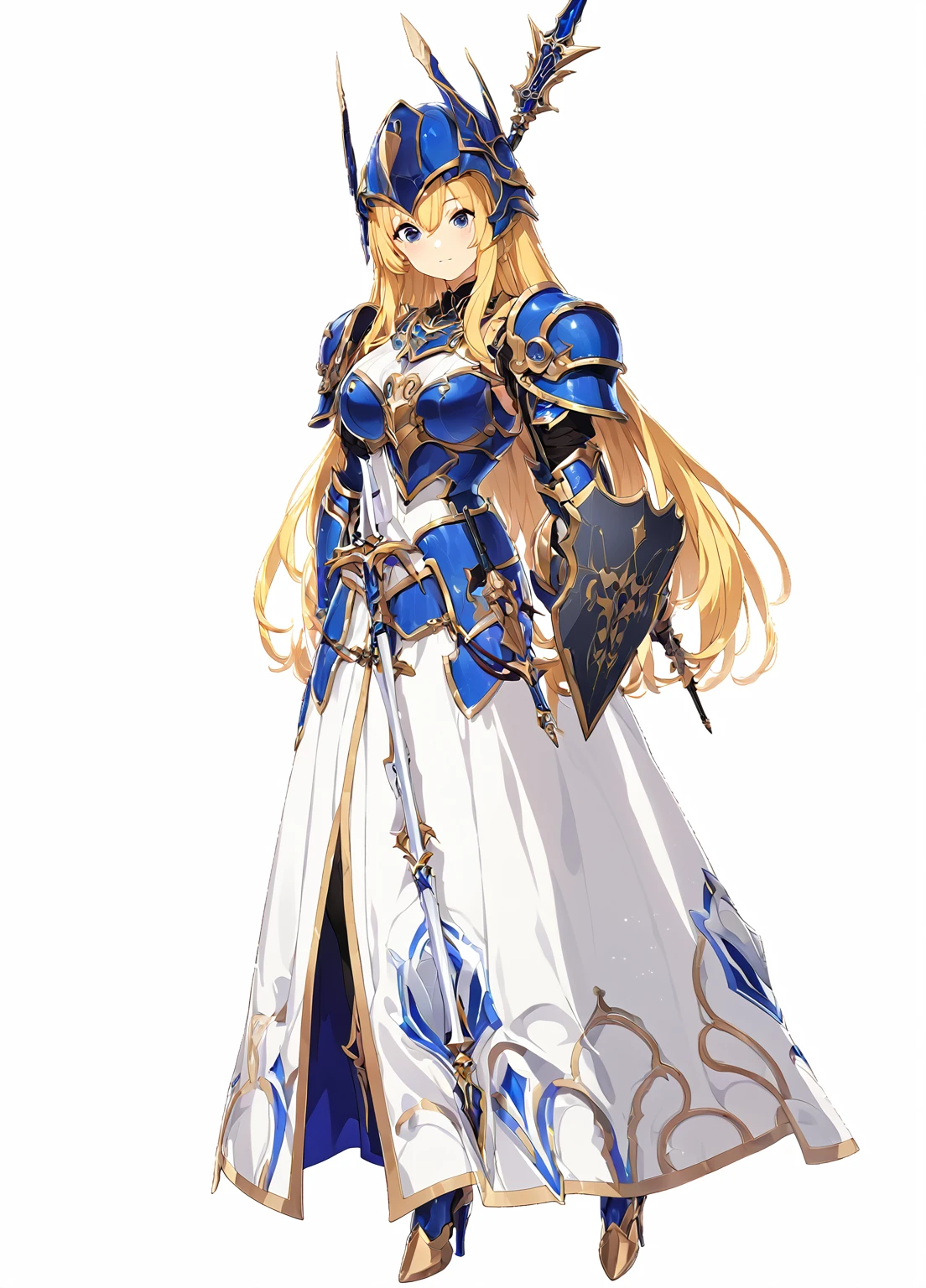 high quality, high resolution, high qualityのゲームアートスタイル, whole body,valkyrie,perfect hand,Official Art, Smooth game CG art, Visual Novel Sprites, White background,Smooth game CG art, (((Woman with a long spear))),Woman wearing a white dress and blue armor, An intricately designed helmet with white feathers,Small shield, (((In his right hand he holds an elaborate long spear))),Exquisite Blue Armor,Golden Hair, long hair, female knight, Rin々Shii,Large Bust,20-year-old,