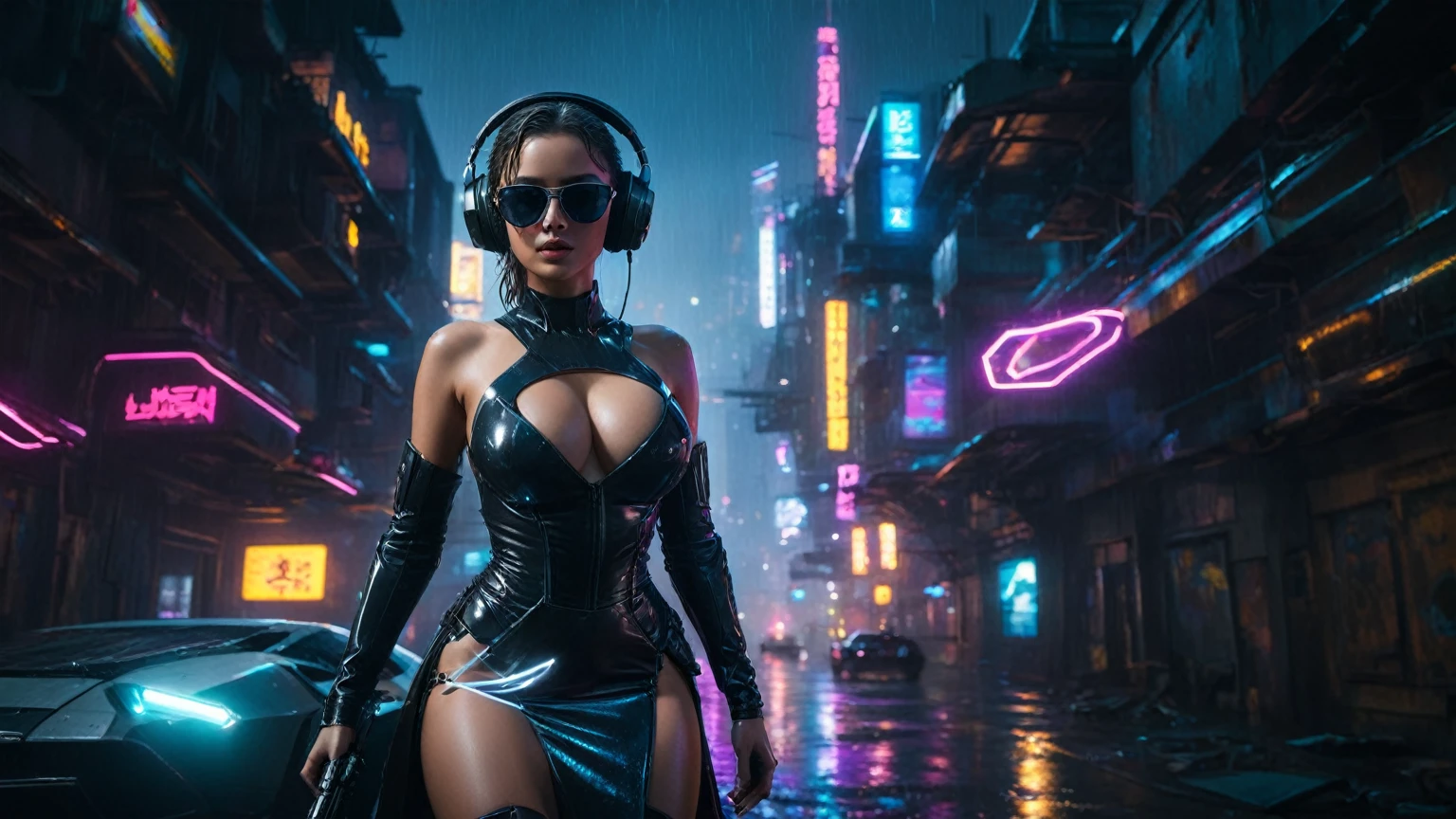 (aerial view, a flying cars docking platform, a very dark abandoned futuristic city, neon lights), rainy night. 1girl, solo, alone, large-breast:1.2 slim body, cleavage:1.1, sexy wind blowing wet dress:1.4, (headphone, black sunglasses), (((((she raised:1.8 a pistol:1.8 and took aim))))), dynamic pose, (((half-body thigh level medium shot))), cinematic lighting, lens flare, ray tracing.