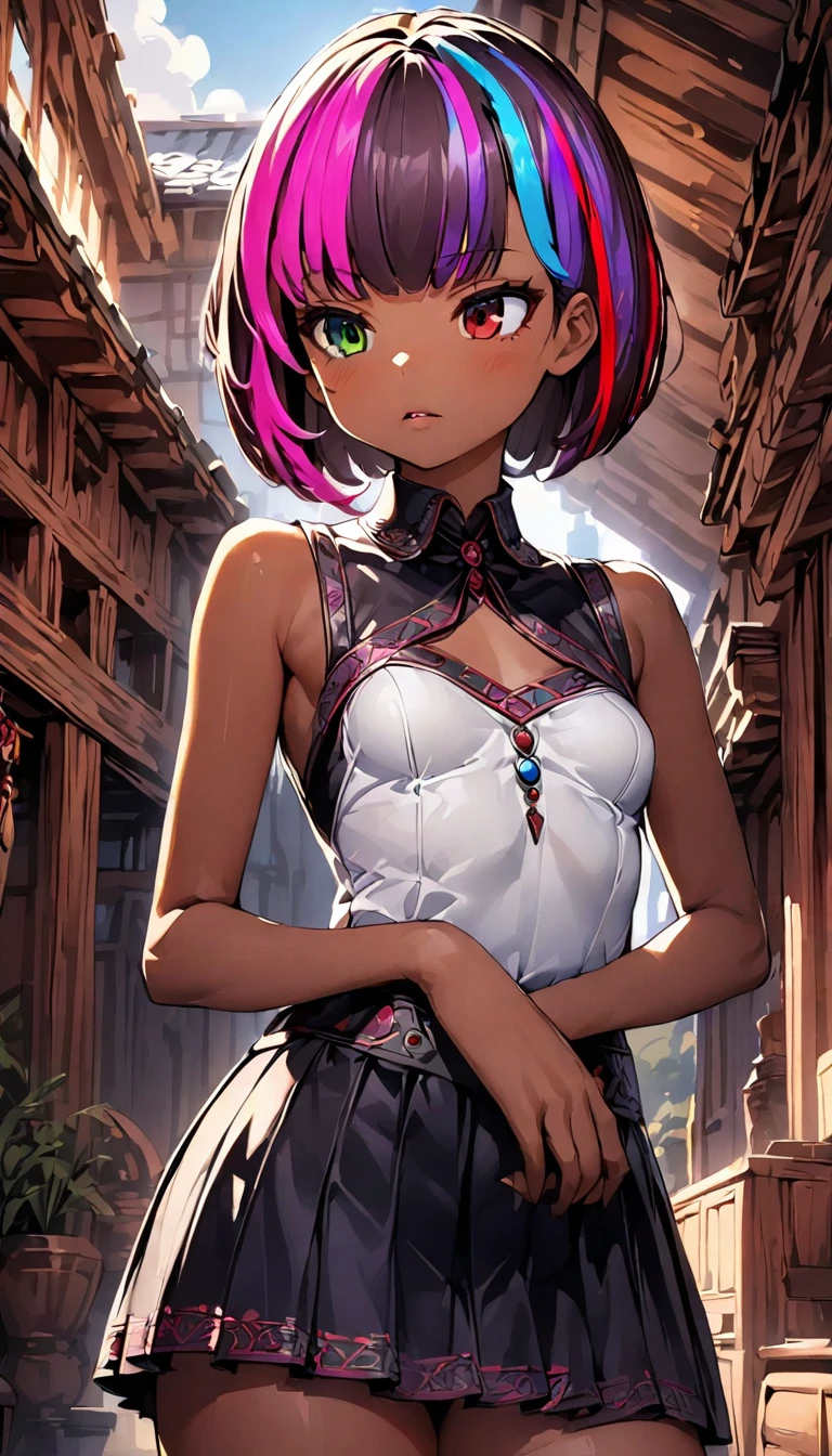 (highest quality:1.2, Very detailed, up to date, Vibrant, Ultra-high resolution, High Contrast, masterpiece:1.2, highest quality, Best aesthetics), Portraiture、girl、solo, (25-years-old:1), slim, , heterrochromia, green eye, red eye, gothic ta fashion, sexy and elegant pose, (A room in a Western-style building), Bright colors、Beautiful fine details、Beautiful lip detail、extra short hair, ((bob cut:1.5))、pink and purple, ((streaked hair:1.9)), (highlights hair: 1.6), (small breast:1.3), (tan skin:0.7), cowboy shot:1,