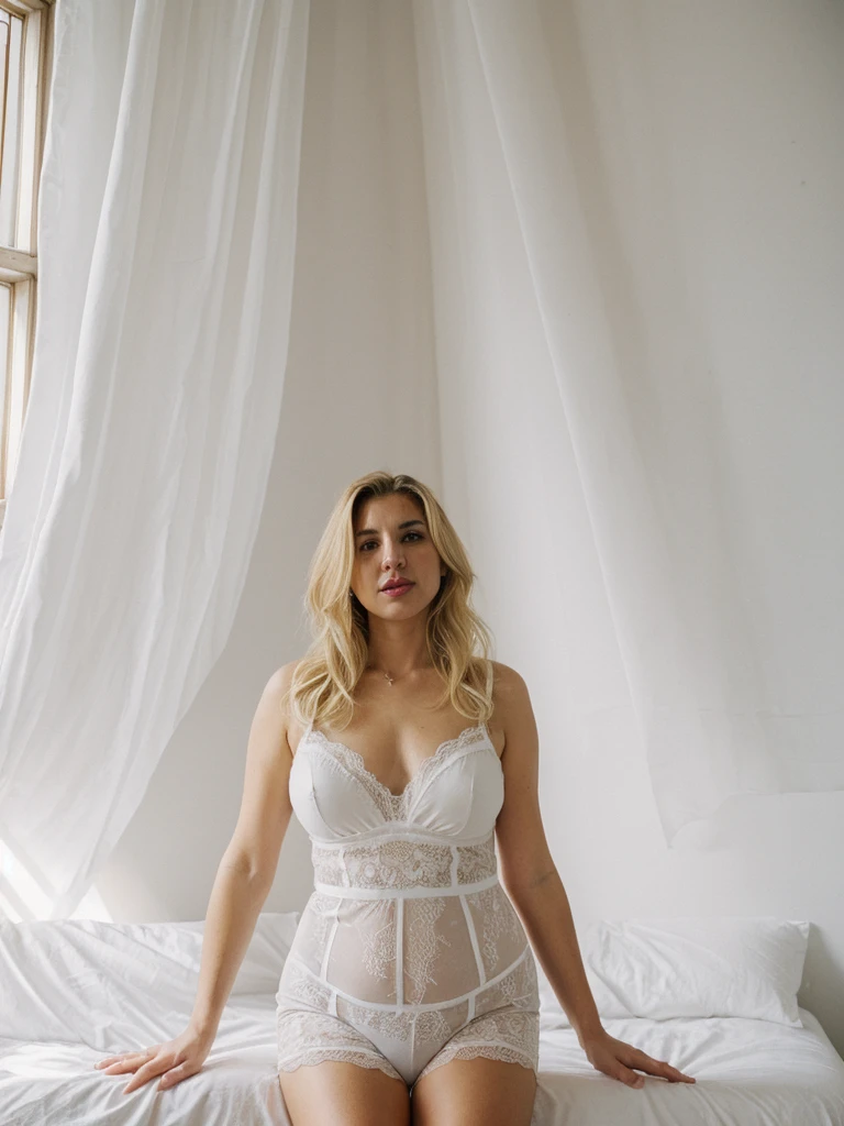 Xyrele, 1girl, solo, 30 years old, (((French face))), (((French nose))), (((French lips))), ((((chubby)))), (((wide hips))), (((blonde hair))), crinkly medium hair, wearing stylish white organza lingerie, ((Background: Loft in Russia)), ((upper body and upper legs))
