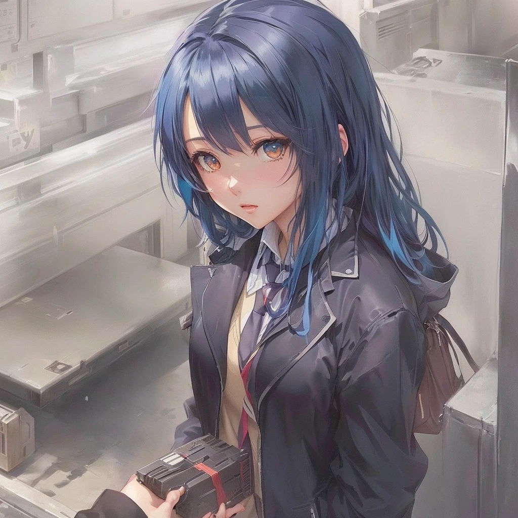 An anime girl with blue hair and a black jacket is holding a brown bag, Beautiful anime school girl, Smooth anime CG art, Zero-chan art, Cute girl anime visuals, Zero-chan, Burning, Beautiful and detailed anime art, Visual Novel CG, Gap Moe Yandere, Anime Moe Art Style, Painted in an anime artist&#39;s studio, Half Yamada