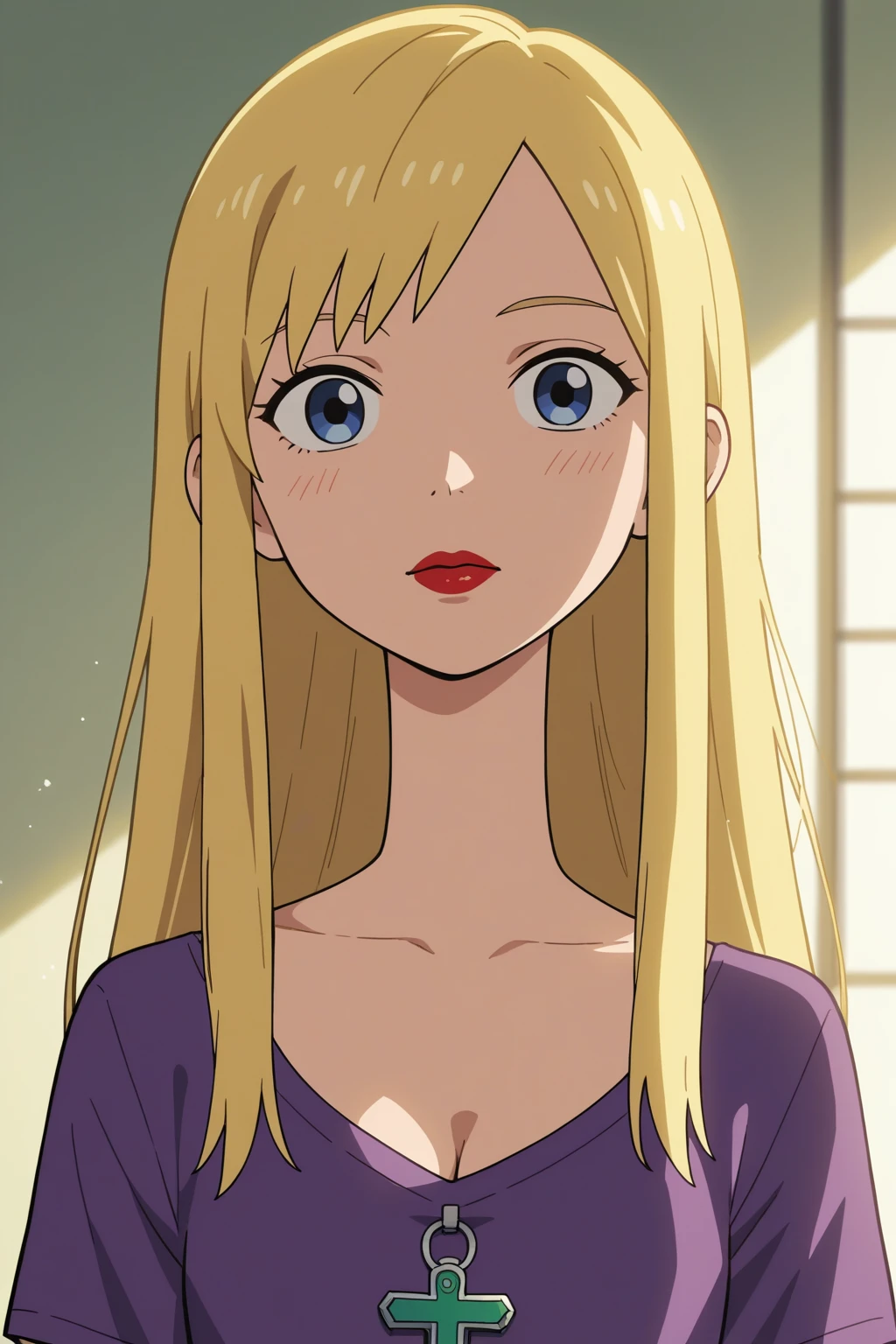 score_9, score_8_up, score_7_up, source_anime, best quality, high resolution, masterpiece, absurdres,vector trace,anime screencap, key art style, cinematic lighting, morning, 1girl, solo, standing, (upper body, close-up), cdamco, connie d'amico, blonde hair, long hair, red lips, purple shirt, teenager, bust, cleavage, looking at viewer