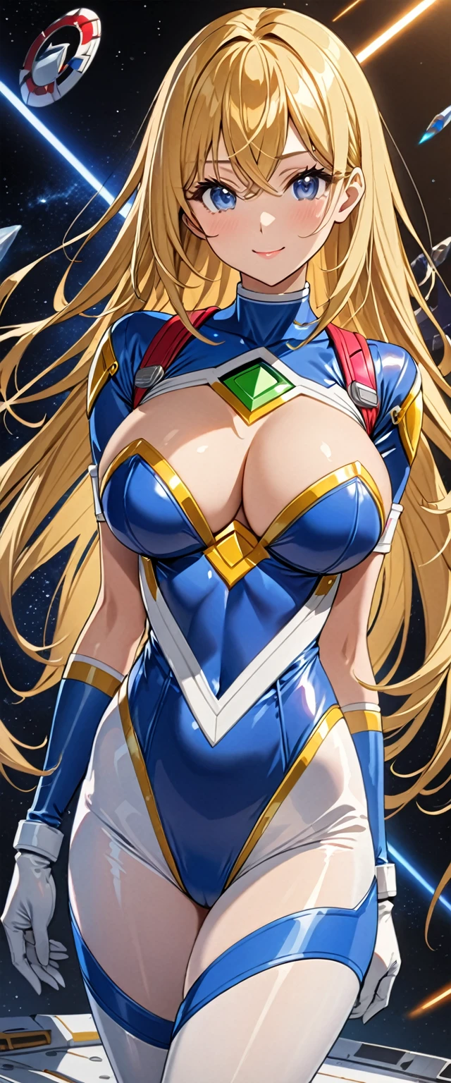 ((masterpiece)), ((high quality)), ((super detailed)), ((high resolution)), ((8k)),a beautiful woman, ((She is one of the most famous actress in Japan.)), unparalleled beauty, ((large breast:1.4)), ((large ass)), ((deep cleavage)), slim waist, chest out, ultra detailed face, perfect skin, (((waist length hair, ((long straight golden hair)), crossed bangs))), blue eyes, detailed eyes, whole body image, sexy, an inviting smile, sensual, (((anime))), ((glamorous)), sexual attraction ,24 years old, ((incredibly beautiful woman)), ((The H cup bust)), ((sexy pose)), ((neat and clean.)), (((Power Ranger))), heroine, (((high leg leotard, white line on blue colored spacesuit))), ((beautiful breasts)), beautiful legs, 8 life size, anime:1.4, the most beautiful and strongest, ((charm)),