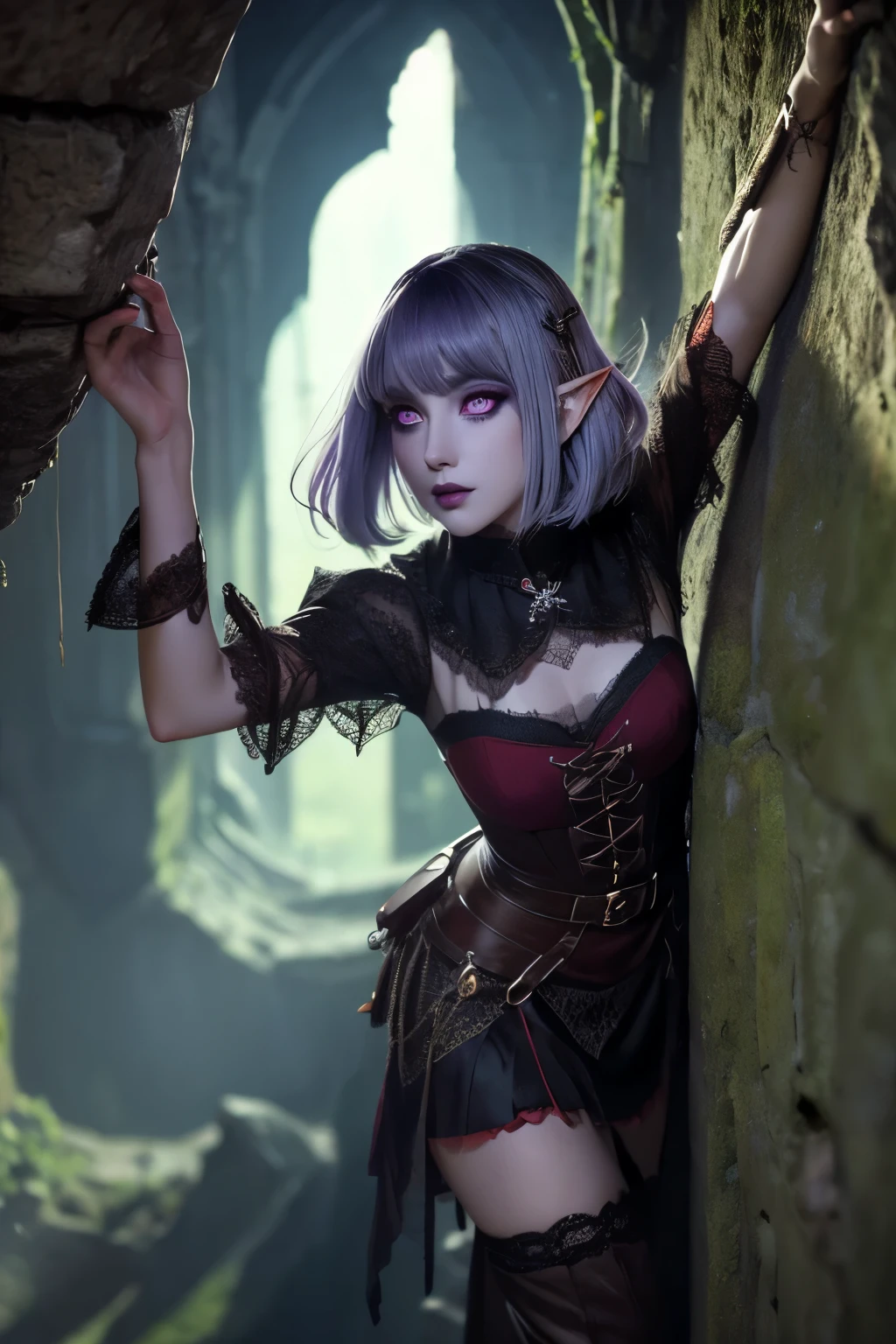 (Ultra-detailed face, Draw her eyes and pupils in detail and sharply), 
BREAK 
(Fantasy Illustration with Gothic & Comic Art), 
BREAK 
(DarkElves: A middle-aged dark elf woman with silver color hair, blunt bangs, bob cut and dark purple color skin, lavender color eyes), 
BREAK 
(DarkElves: She wears a lacy dark red traditional Victorian smock dress, and laced boots), 
BREAK 
(manul20: A large cat lies in the center), (Climbing: a woman climbs the back of a 20 meter giant cat in a daring pose)