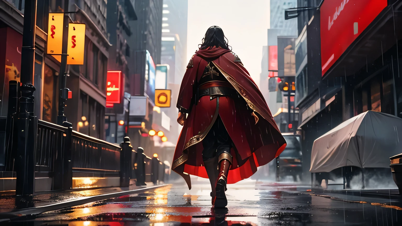 night movement scene, Jesus with red cape, ancient clothing of a Roman warrior from the 4th century BC, back view, running in the rain in New York City at night,