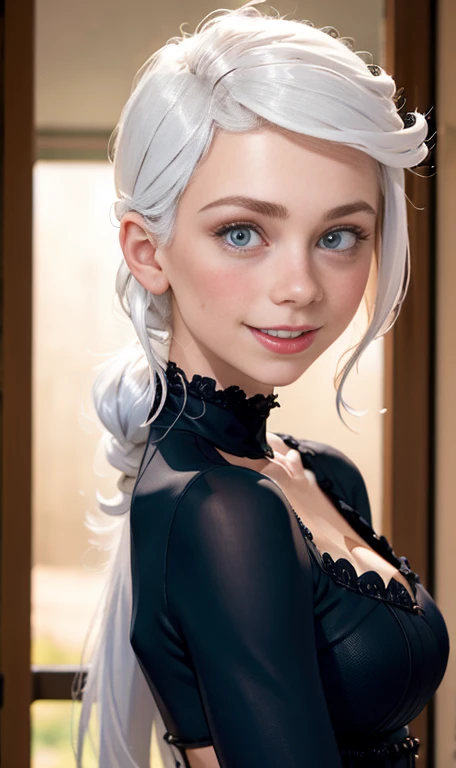 Photo of a 15 year-old European girl, .RAW, beautiful woman , largo White hair , White hair , albino girl ,((portrait)), ((detailed face:1.2)), ((detailed facial features)), (finely detailed skin), Varied background , blue eyes , 、(cool color), humid, humid, ReFlectoreasutepiece) (perfect proportions realistic photos)(The best quality) (detailed) photographed with a Canon EOS R5, 50mm lens, f/2.8, NffSW, (8k) (wallpaper) (cinematic lighting) (Dramatic lighting) (sharp focus) (Convoluted) thin  , thinl breasts , freckles on cheeks , Whole body , beautiful woman body , posing sexy  , posing brightly from the front for the camera , cute makeup , big smile , Red lips , albino girl , by white , White hair , santa claus dress