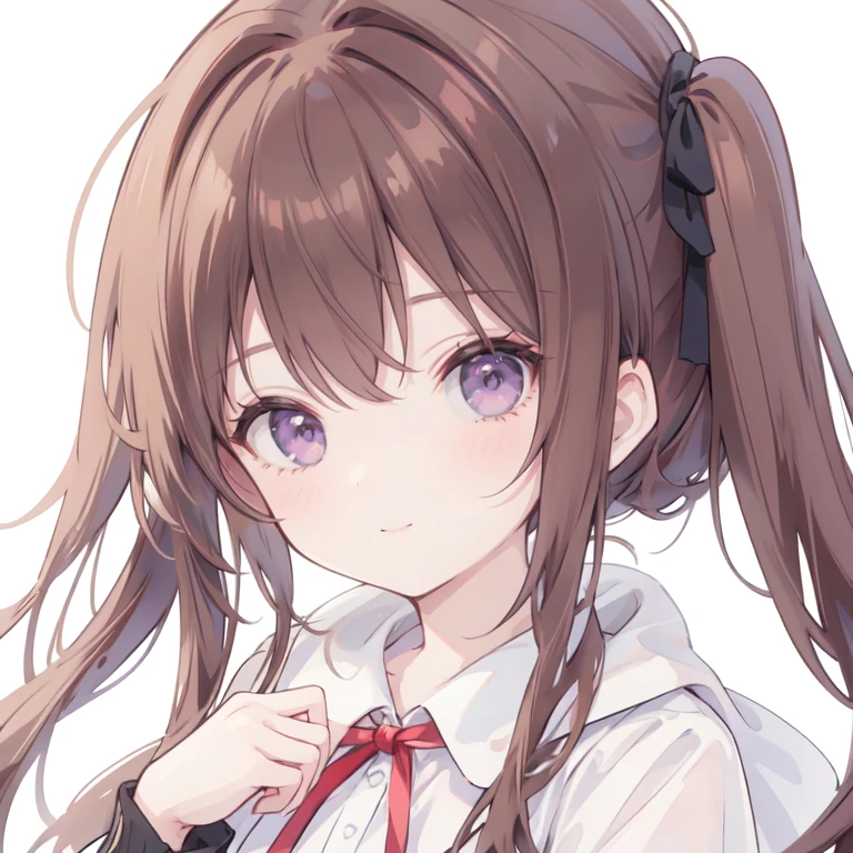 (1 Girl), masterpiece, best quality, Super beautiful illustrations, Very cute , Very detailed beautiful face, Looking at the audience, 1 Girl, belt, close up, Looking at the audience, 4K, high resolution, Ribbon, Wild Misunderstanding, blush, Throw, Double ponytail hairstyle, White background, Simple background, Thick outline, Purple Eyes, (sleep), Brown hair, Red Cliff, Expression of love, ((Brown hair)), (Blood),