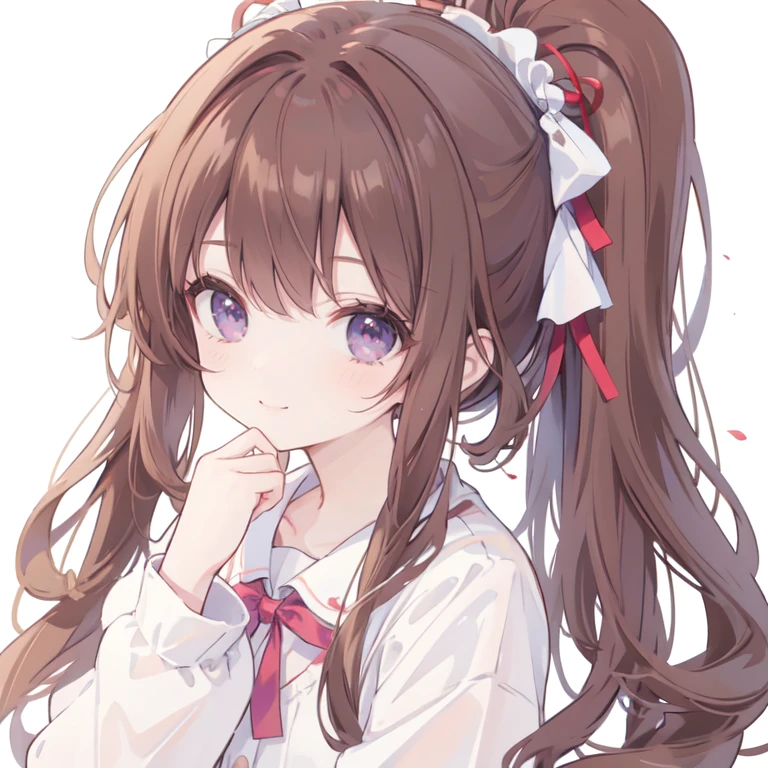 (1 Girl), masterpiece, best quality, Super beautiful illustrations, Very cute  girl, Very detailed beautiful face, Looking at the audience, 1 Girl, belt, close up, Looking at the audience, 4K, high resolution, Ribbon, Wild Misunderstanding, blush, Throw, Double ponytail hairstyle, White background, Simple background, Thick outline, Purple Eyes, (sleep), Brown hair, Red Cliff, Expression of love,  ((Brown hair)), (Blood),