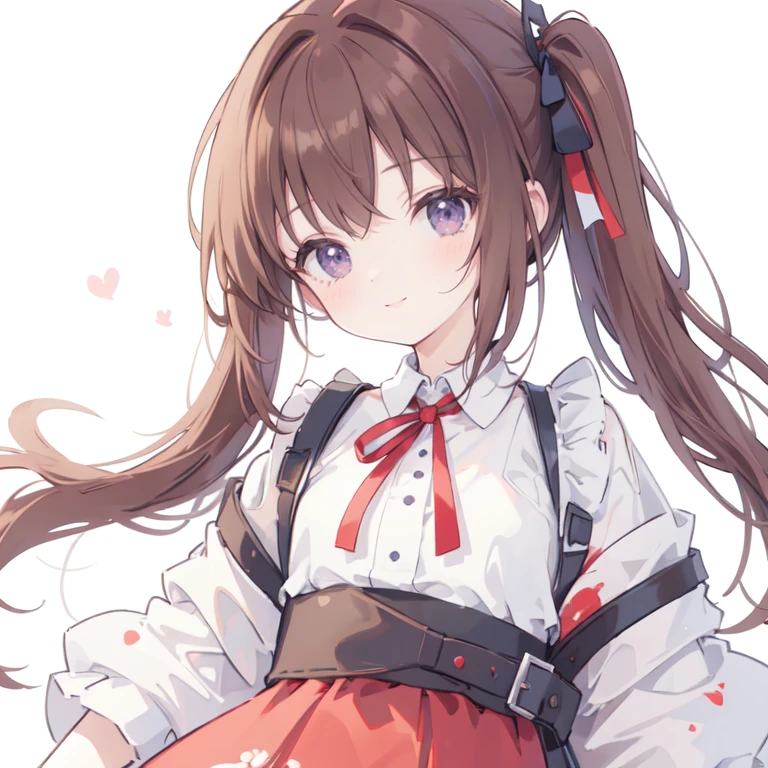 (1 Girl), masterpiece, best quality, Super beautiful illustrations, Very cute little girl, Very detailed beautiful face, Looking at the audience, 1 Girl, belt, close up, Looking at the audience, 4K, high resolution, Ribbon, Wild Misunderstanding, blush, Throw, Double ponytail hairstyle, White background, Simple background, Thick outline, Purple Eyes, (sleep), Brown hair, Red Cliff, Expression of love,  ((Brown hair)), (Blood),