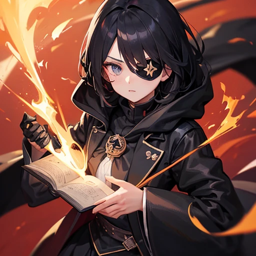 Eye patch on one eye,Cartoon of a woman wearing a black coat and black trousers,, Inspired by Le Chevalier, anime, Moe, Art Style, Cytus and Deemo Style, anime風キャラクター,One Girl,((Right eye normal,Eyepatch on left eye,black eye,Scars on face,Hold a book in one hand,Shoots a powerful pillar of fire magic from one hand.,Long black hair,Aggressive face,Very strong))