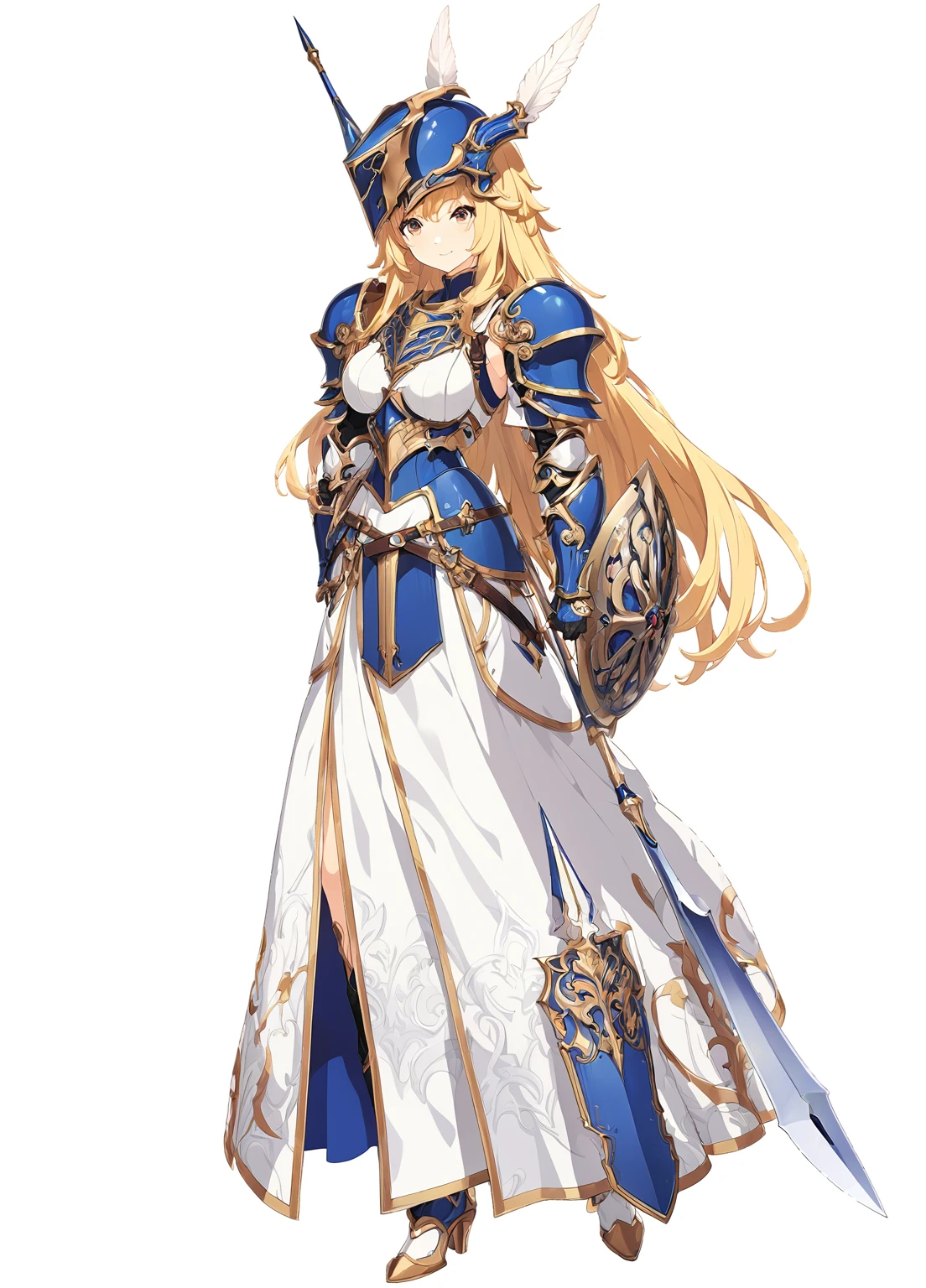 high quality, high resolution, high qualityのゲームアートスタイル, whole body,valkyrie,perfect hand,Official Art, Smooth game CG art, Visual Novel Sprites, White background,Smooth game CG art, (((Woman with a long spear))),Woman wearing a white dress and blue armor, An intricately designed helmet with white feathers,Small shield, (((In his right hand he holds an elaborate long spear))),Exquisite Blue Armor,Golden Hair, long hair, female knight, Rin々Shii,Large Bust,20-year-old,